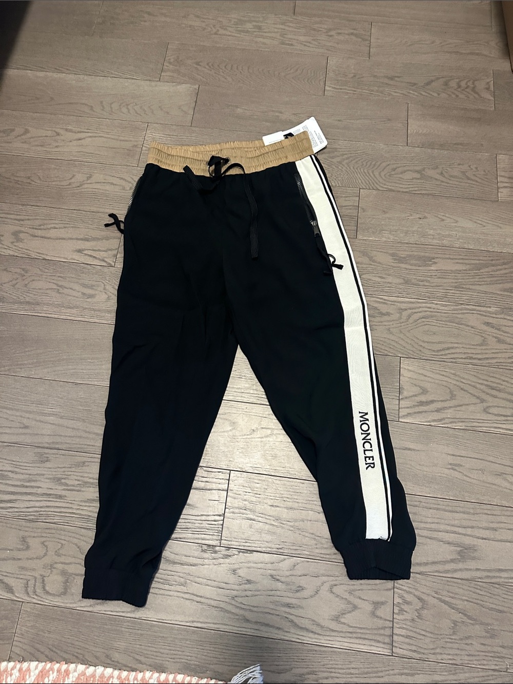 Moncler Black Joggers with Cream Waistband and White Side Stripe
